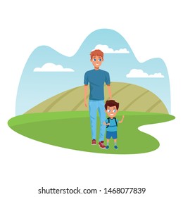 Family single father with kid holding school backpack in the nature park scenery ,vector illustration.
