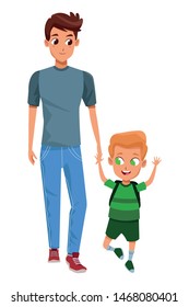 Family single father with kid holding school backpack isolated vector illustration graphic design