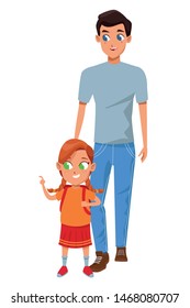 Family single father with kid holding school backpack isolated vector illustration graphic design