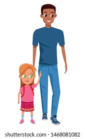 Family single father with kid holding school backpack isolated vector illustration graphic design