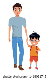 Family single father with kid holding school backpack vector illustration graphic design