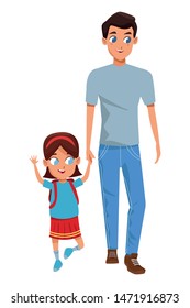 Family single father with kid holding school backpack isolated vector illustration graphic design