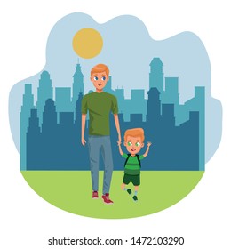 Family single father with kid holding school backpack in the city park scenery ,vector illustration.