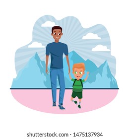 Family single father with kid holding school backpack in the nature park scenery ,vector illustration.