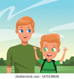 Family single father with kid holding school backpack in the nature park scenery ,vector illustration.