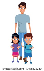 Family single father with kids holding school backpack vector illustration graphic design