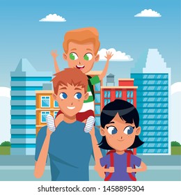 Family single father with kids holding school backpack in the city park scenery ,vector illustration.