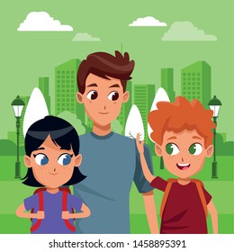 Family single father with kids holding school backpack in the city park scenery ,vector illustration.