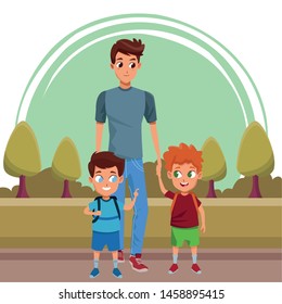 Family single father with kids holding school backpack in the nature park scenery ,vector illustration.