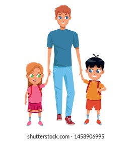 Family single father with kids holding school backpack vector illustration graphic design