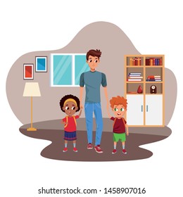 Family single father with kids holding school backpack inside home living room with furniture vector illustration graphic design