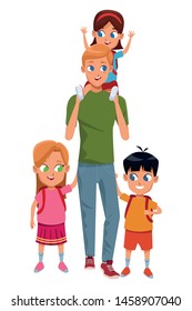 Family single father with kids holding school backpack vector illustration graphic design
