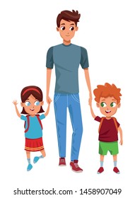 Family single father with kids holding school backpack vector illustration graphic design