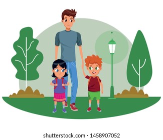 Family single father with kids holding school backpack in the nature park scenery ,vector illustration.
