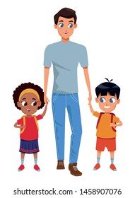 Family single father with kids holding school backpack vector illustration graphic design