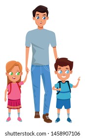 Family single father with kids holding school backpack vector illustration graphic design