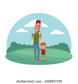 Family single father with kids holding school backpack in the nature park scenery ,vector illustration.