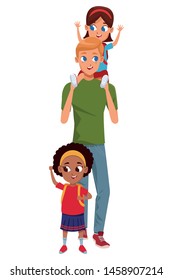 Family single father with kids holding school backpack isolated vector illustration graphic design