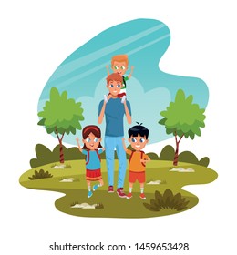 Family single father with kids holding school backpack in the nature park, landscape background ,vector illustration.