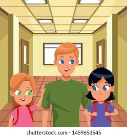 Family single father with kids holding school backpack inside building with windows background ,vector illustration.