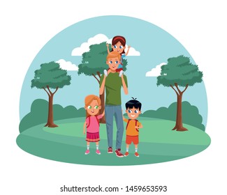 Family single father with kids holding school backpack in the nature park, landscape background ,vector illustration.