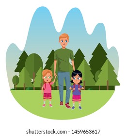 Family single father with kids holding school backpack in the nature park, landscape background ,vector illustration.