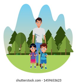 Family single father with kids holding school backpack in the nature park, landscape background ,vector illustration.