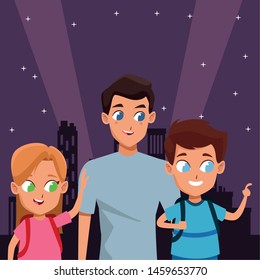 Family single father with kids holding school backpack in the city at night scenery background ,vector illustration.