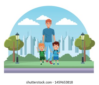 Family single father with kids holding school backpack in the city park scenery background ,vector illustration.