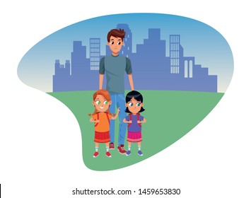 Family single father with kids holding school backpack in the city park scenery background ,vector illustration.