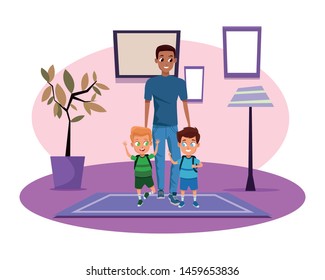 Family single father with kids holding school backpack inside home living room scenery ,vector illustration.