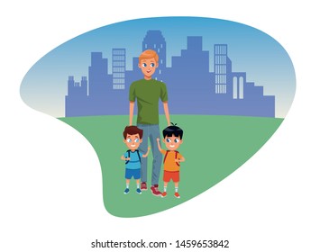 Family single father with kids holding school backpack in the city park scenery background ,vector illustration.