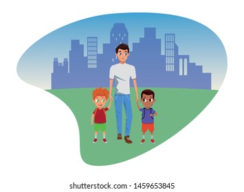 Family single father with kids holding school backpack in the city park scenery background ,vector illustration.