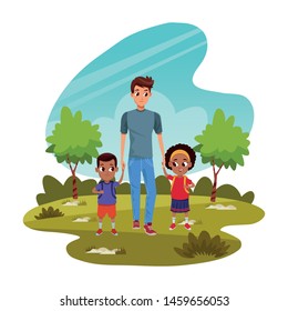 Family single father with kids holding school backpack ,vector illustration.