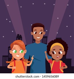 Family single father with kids holding school backpack in the city at night scenery background ,vector illustration.