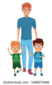 Family single father with kids holding school backpack vector illustration graphic design