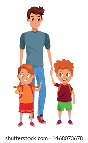 Family single father with kids holding school backpack vector illustration graphic design