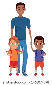 Family single father with kids holding school backpack vector illustration graphic design