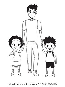 Family single father with kids holding school backpack vector illustration graphic design