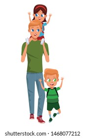 Family single father with kids holding school backpack vector illustration graphic design