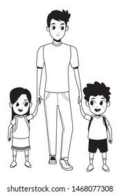 Family single father with kids holding school backpack isolated vector illustration graphic design