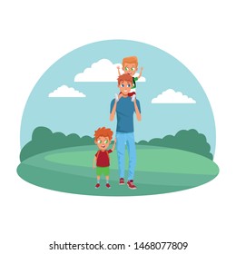 Family single father with kids holding school backpack in the nature park scenery ,vector illustration.