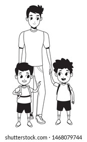 Family single father with kids holding school backpack isolated vector illustration graphic design