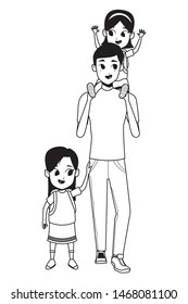 Family single father with kids holding school backpack isolated vector illustration graphic design