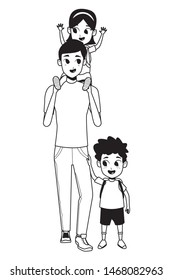 Family single father with kids holding school backpack isolated vector illustration graphic design