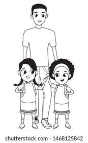 Family single father with kids holding school backpack vector illustration graphic design