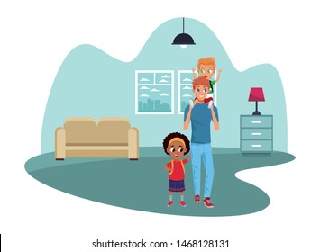 Family single father with kids holding school backpack inside home living room with furniture vector illustration graphic design
