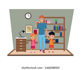 Family single father with kids holding school backpack in study room scenery ,vector illustration.