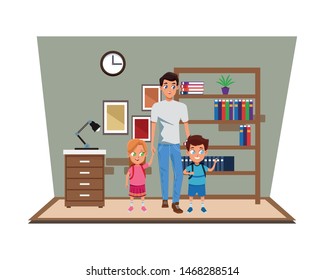 Family single father with kids holding school backpack in study room scenery ,vector illustration.