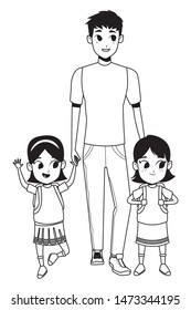 Family single father with kids holding school backpack vector illustration graphic design